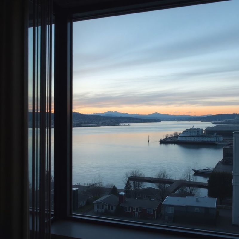 Vancouver harbour at golden hour viewed from an office window