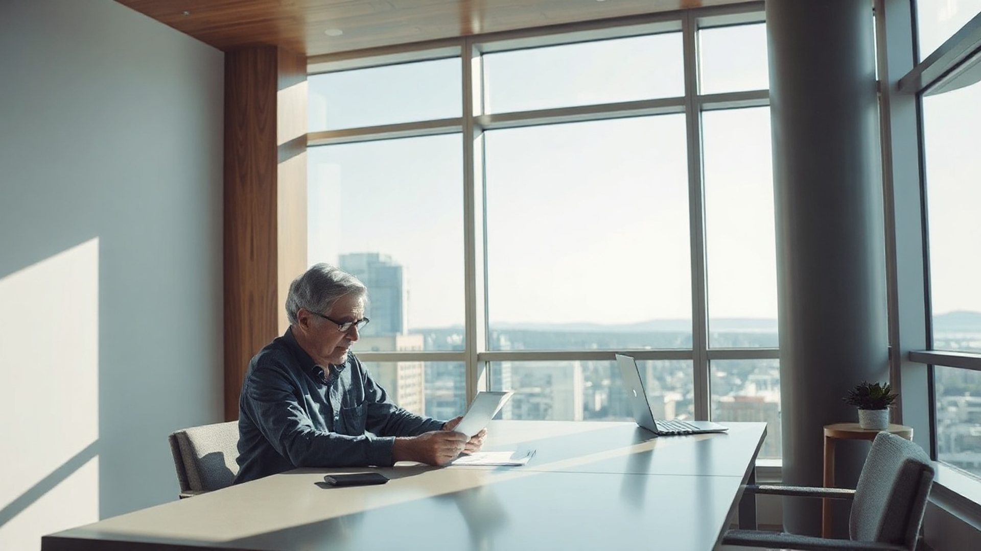 A couple in their early 60s reviewing retirement documents at a bright Vancouver office