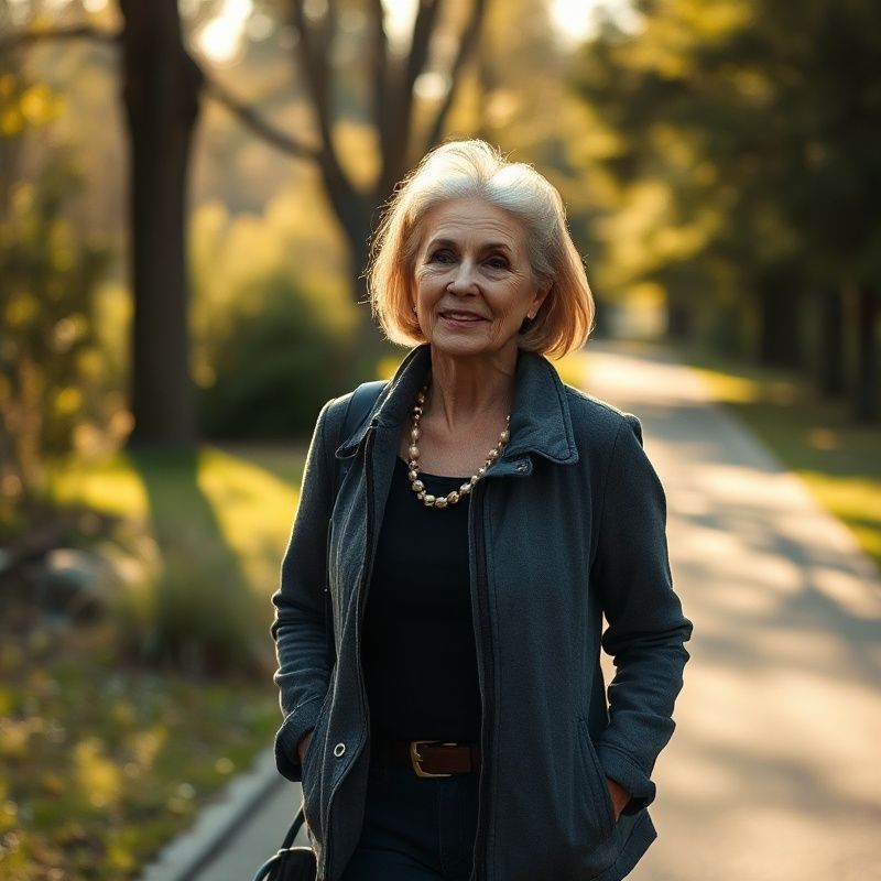 A woman in her late 50s walking on a Vancouver park path in warm afternoon light