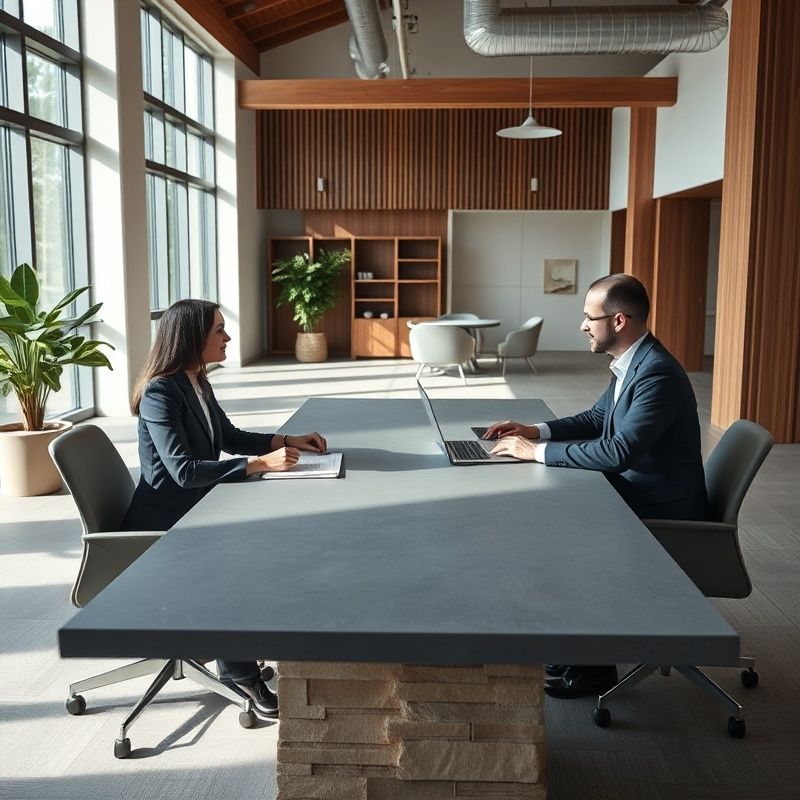 Adviser and client seated across a wide slate-grey desk in a bright Vancouver office