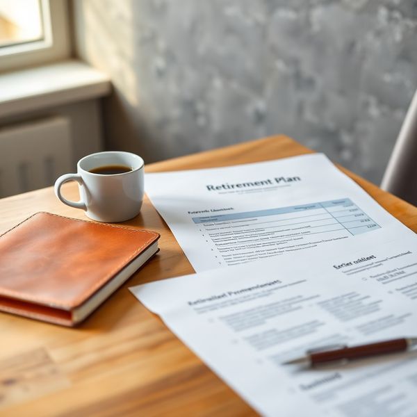 Close-up of an adviser's desk with a leather notebook, coffee, and a printed retirement plan